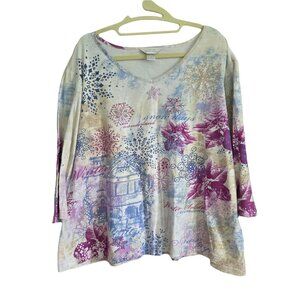 CJ BANKS Printed Sequinned Cotton V Neck 3/4 Sleeve Top 2X